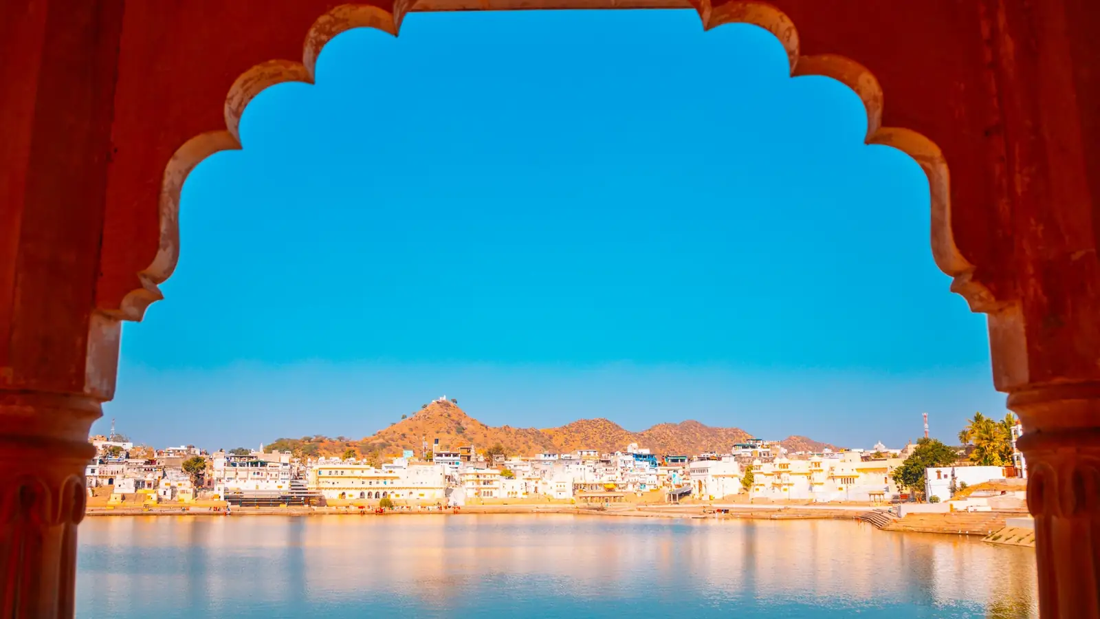 Pushkar Camel Fair in Rajasthan with decorated camels gathering near Pushkar